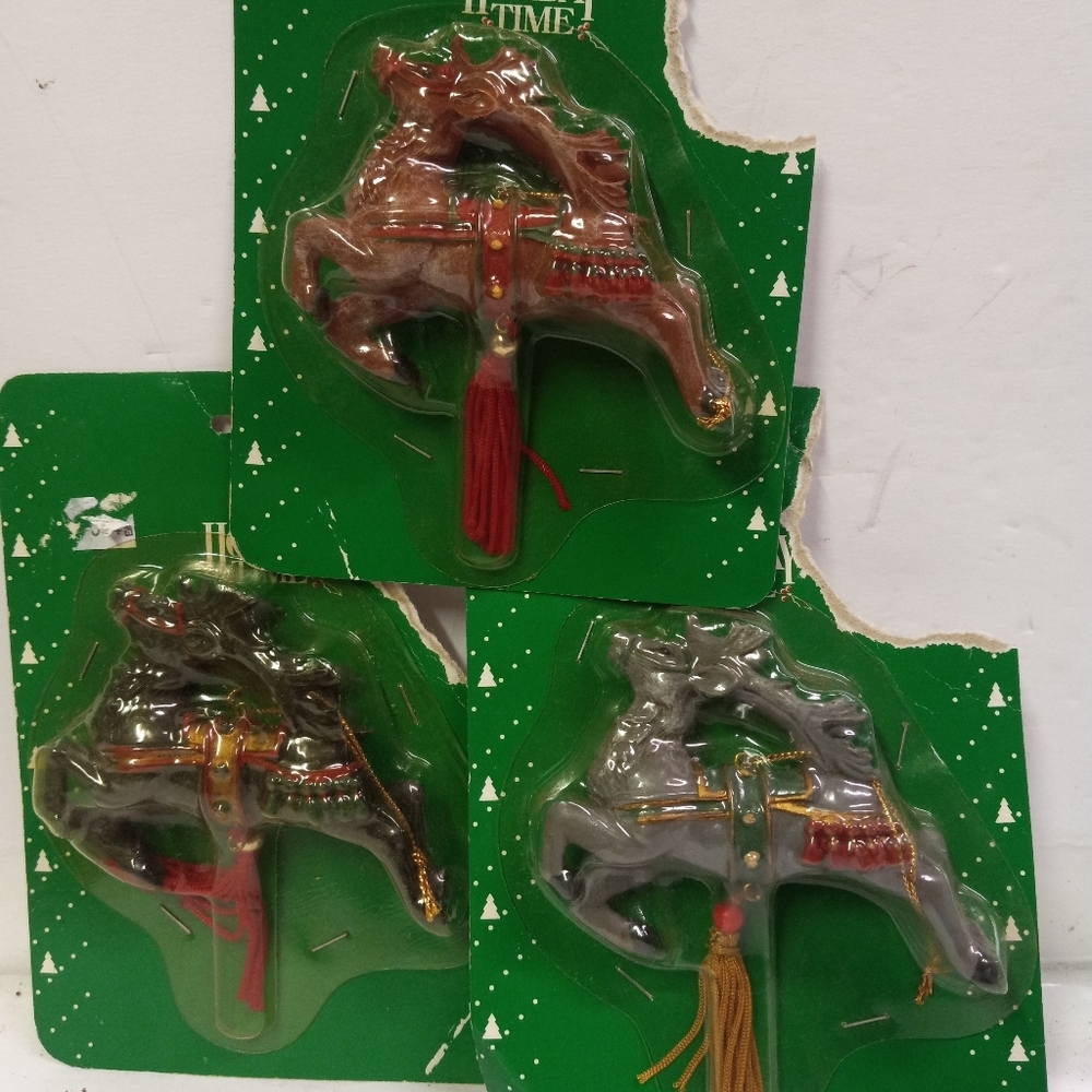 3 Vintage Holiday Time Reindeers Christmas Ornaments Tan Brown Gray w/Tassels